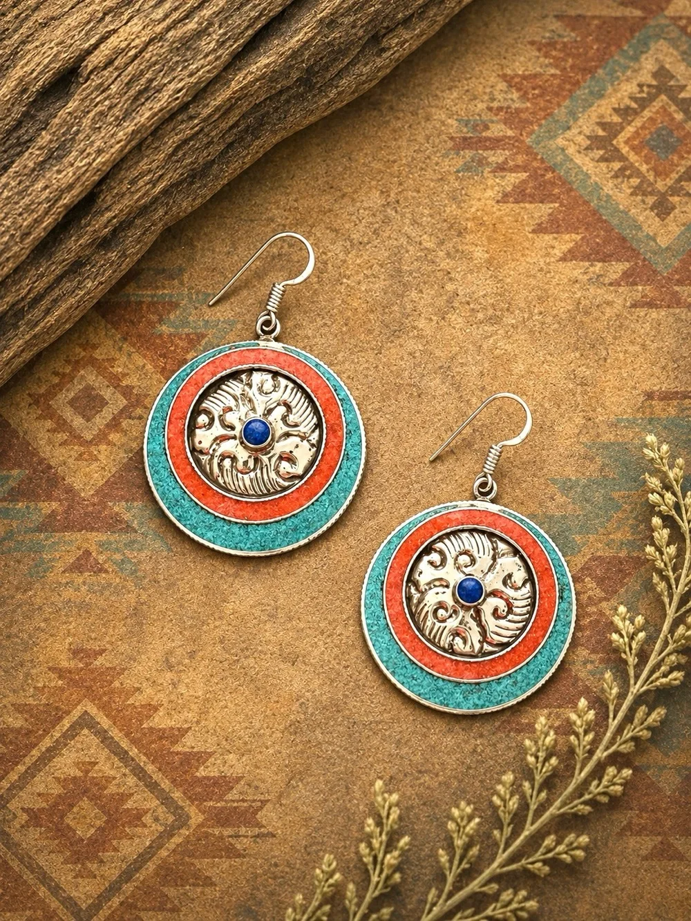 Southwest Turquoise Coral Lapis Tibetan Silver 2” Earrings